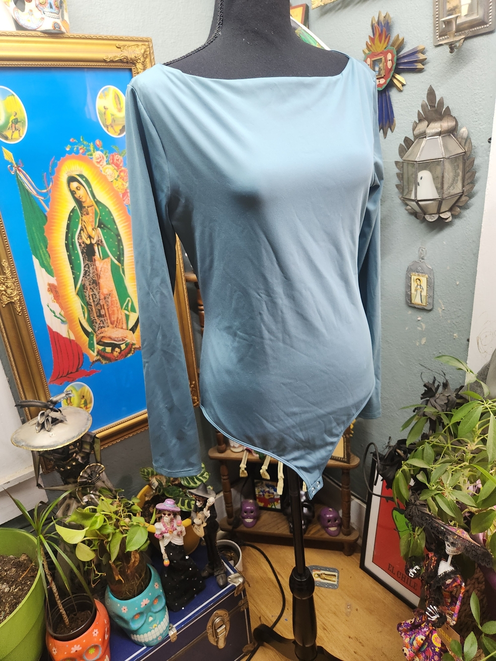 Nine West Long Sleeve Boatneck Bodysuit in Dusty Teal - Picture 5 of 8